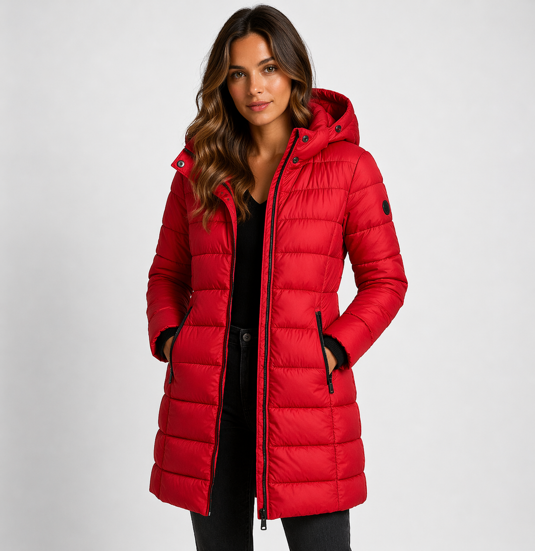 Fitted women's hooded puffer jacket, chic & warm winter outerwear for stylish cold weather comfort.