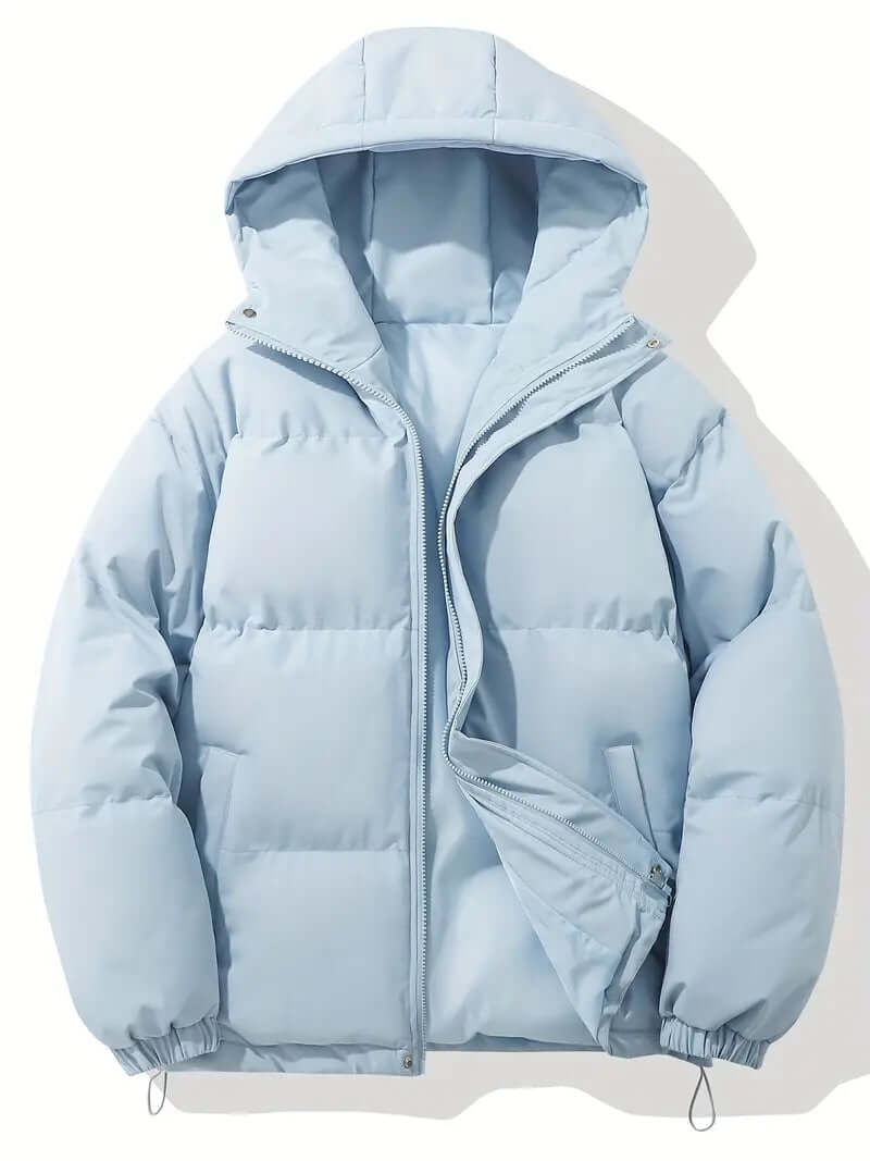 Front view: Women's hooded puffer jacket, featuring weather-resistant design for cold weather.
