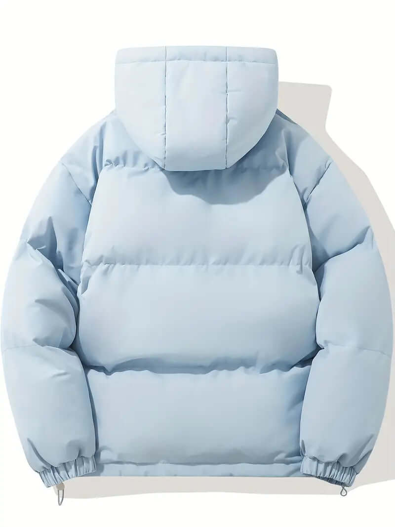 Back view: Women's warm puffer jacket with a stylish hood, ideal for winter.