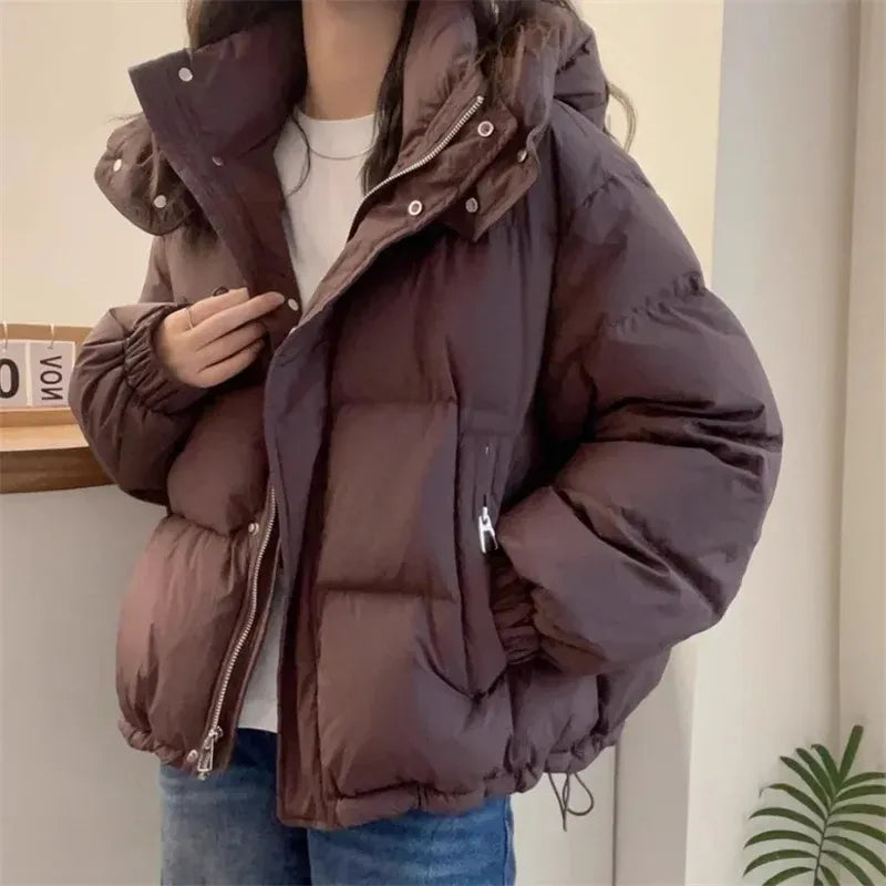 Chic women's high-neck hooded puffer jacket, excellent for cold weather & fashionable layering.