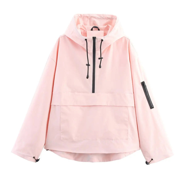 Textured quilted women's anorak pullover jacket. Hooded, windproof, & oversized design for comfortable fall & spring style.