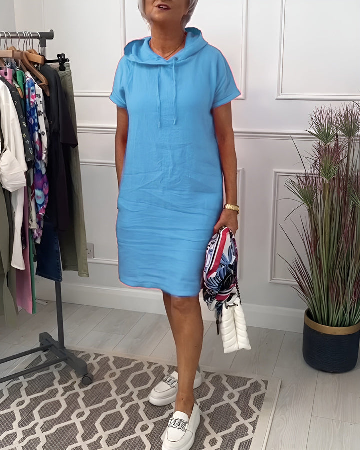 Versatile women's hooded short sleeve dress, perfect for casual outings or home, with pocket.
