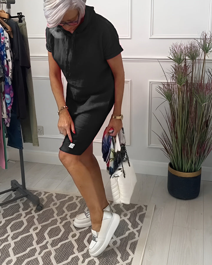 Fashionable women's hooded short sleeve dress, versatile knee-length design with practical pocket.
