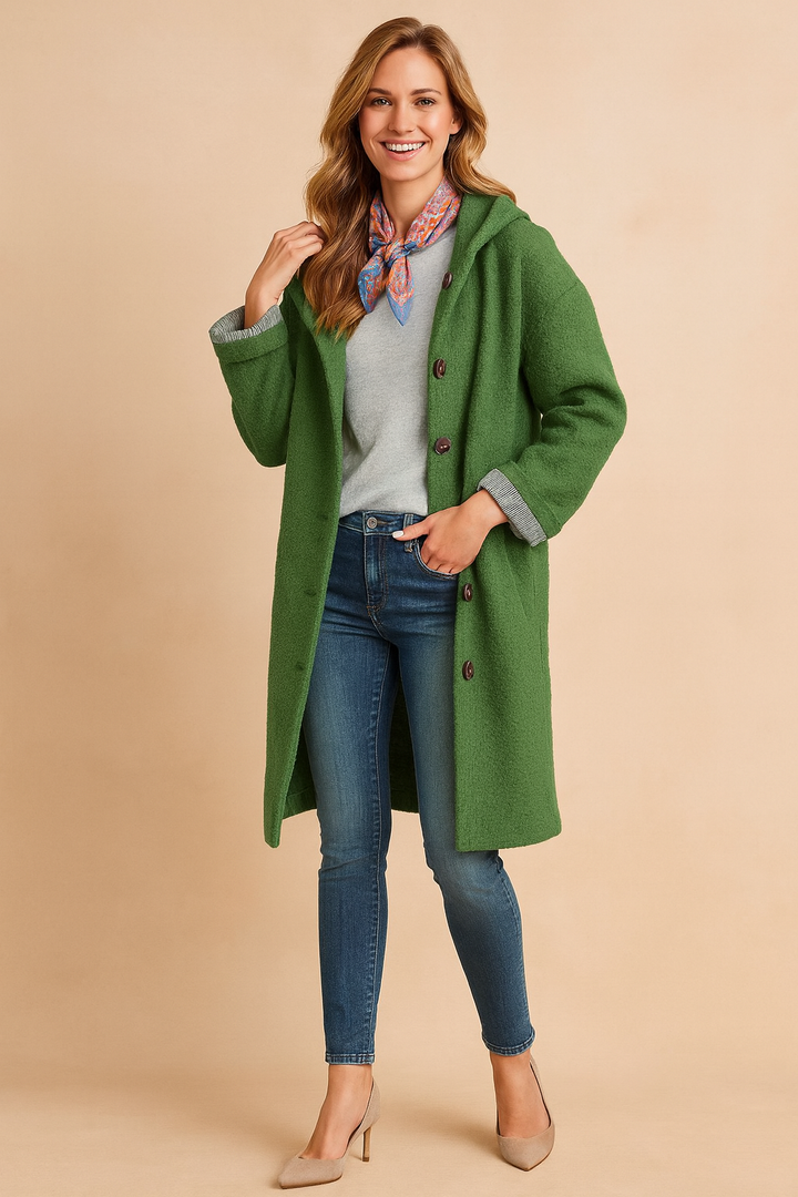 Women's hooded winter jacket in black, offering stylish warmth and wind protection.