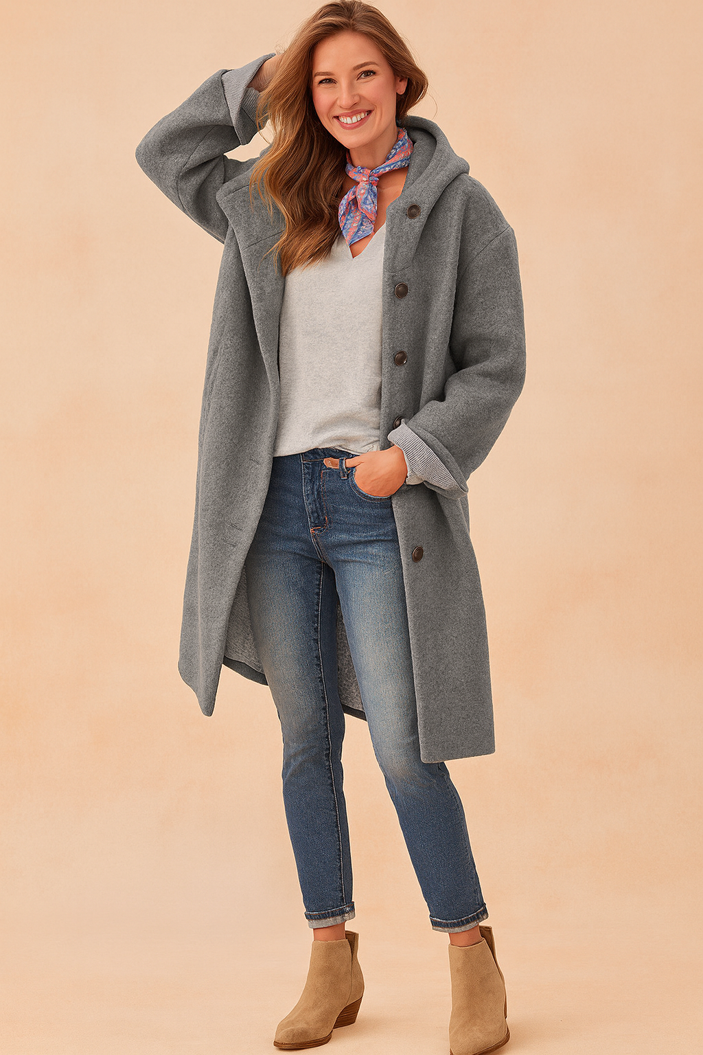 Detail shot of the durable fabric on a long women's jacket, a wardrobe essential.
