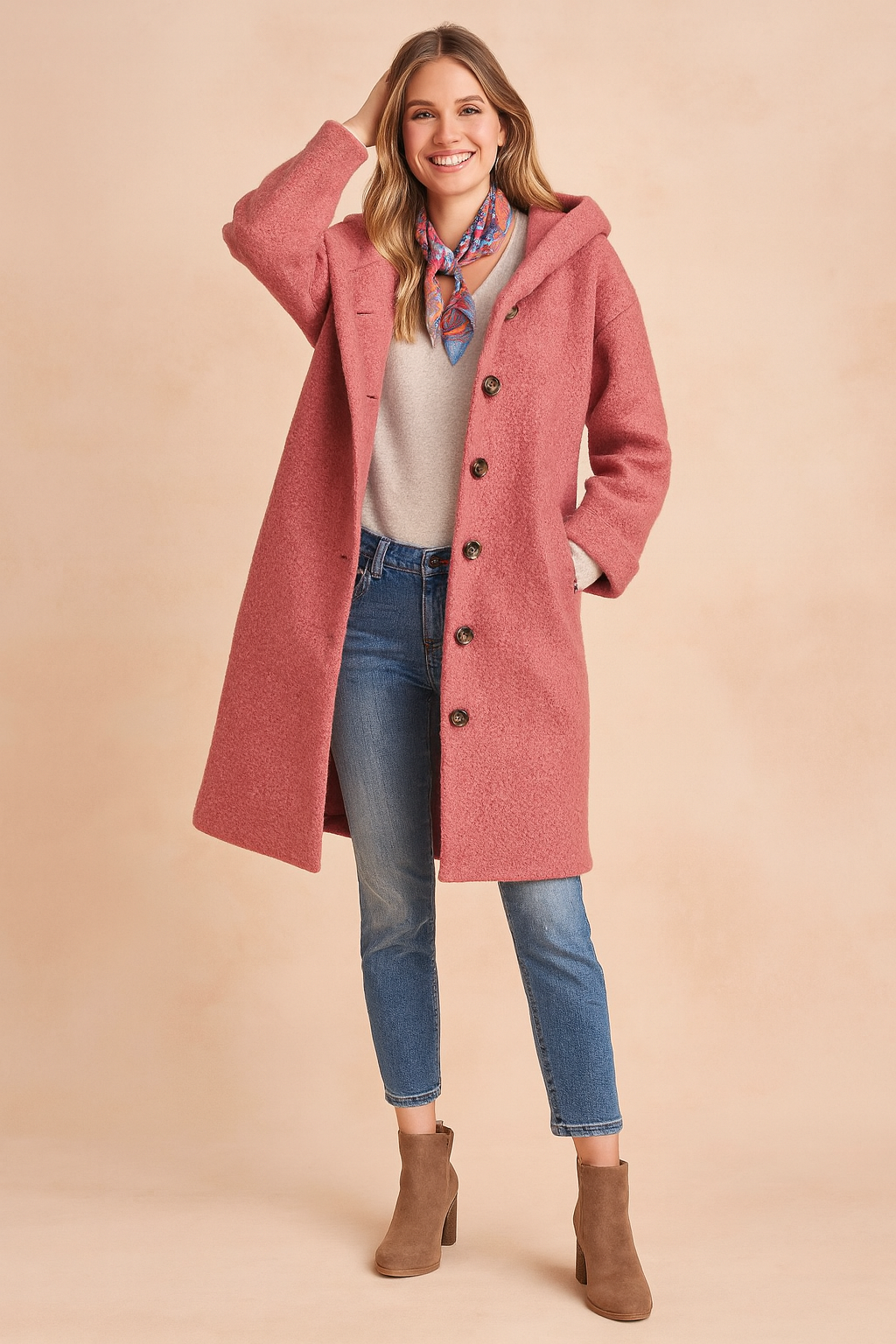 Model in a trendy hooded winter coat, ideal for staying warm and fashionable outdoors.