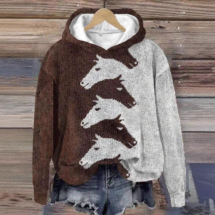 Women's horse pattern hoodie, comfortable pullover for casual wear with unique design.