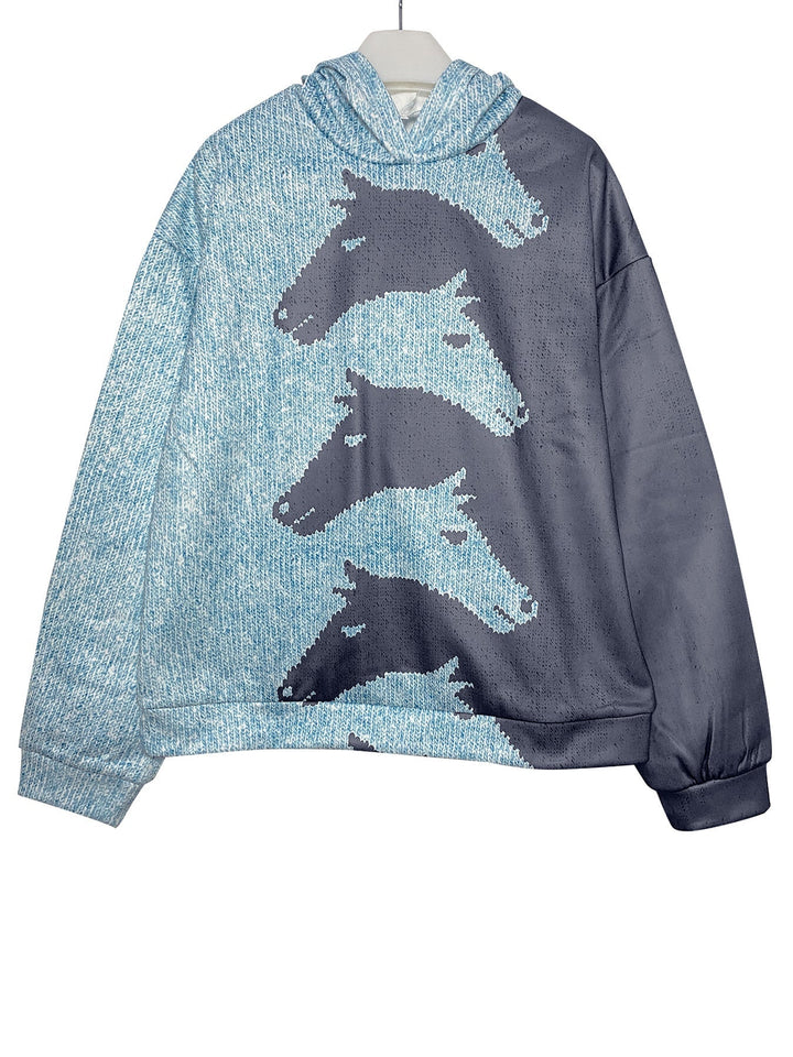 Cozy women's horse pattern sweatshirt with a unique design, blending comfort & equestrian flair.