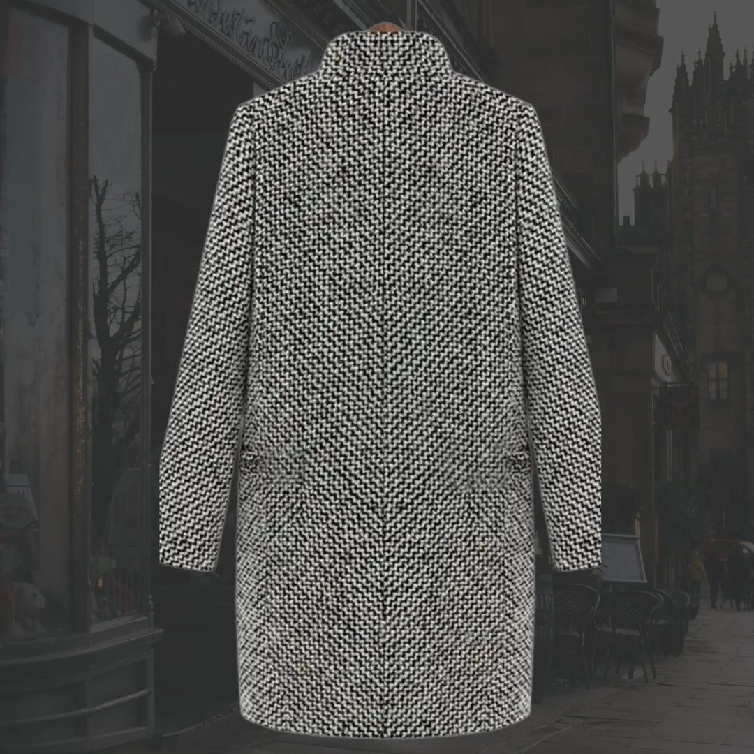 Sophisticated women's single-button long houndstooth trench coat. Perfect for elegant fall & winter fashion.