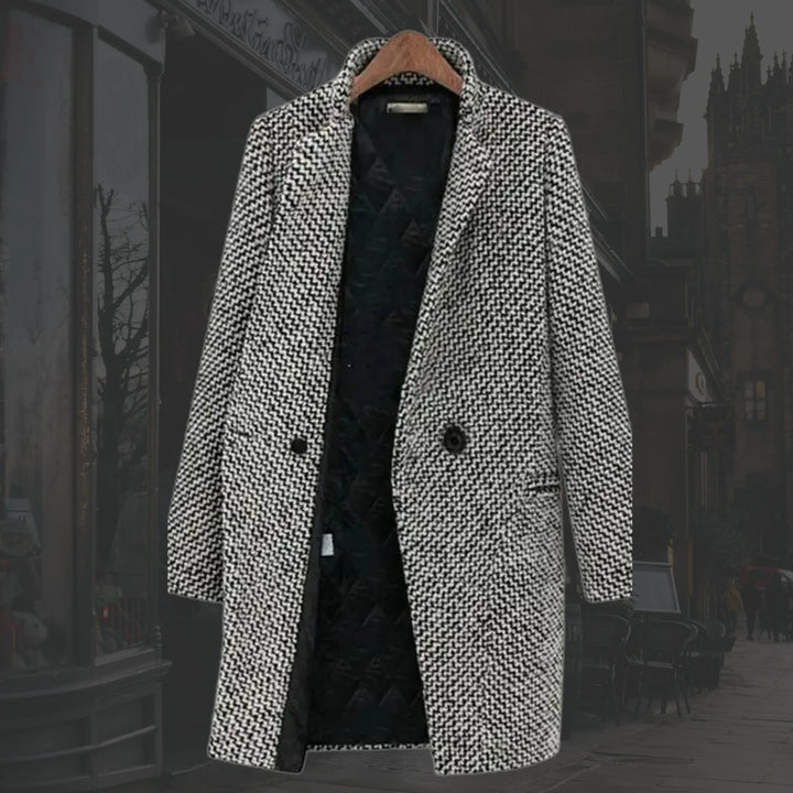 Plus size women's multicolor houndstooth winter trench coat. Chic single-button long outerwear.