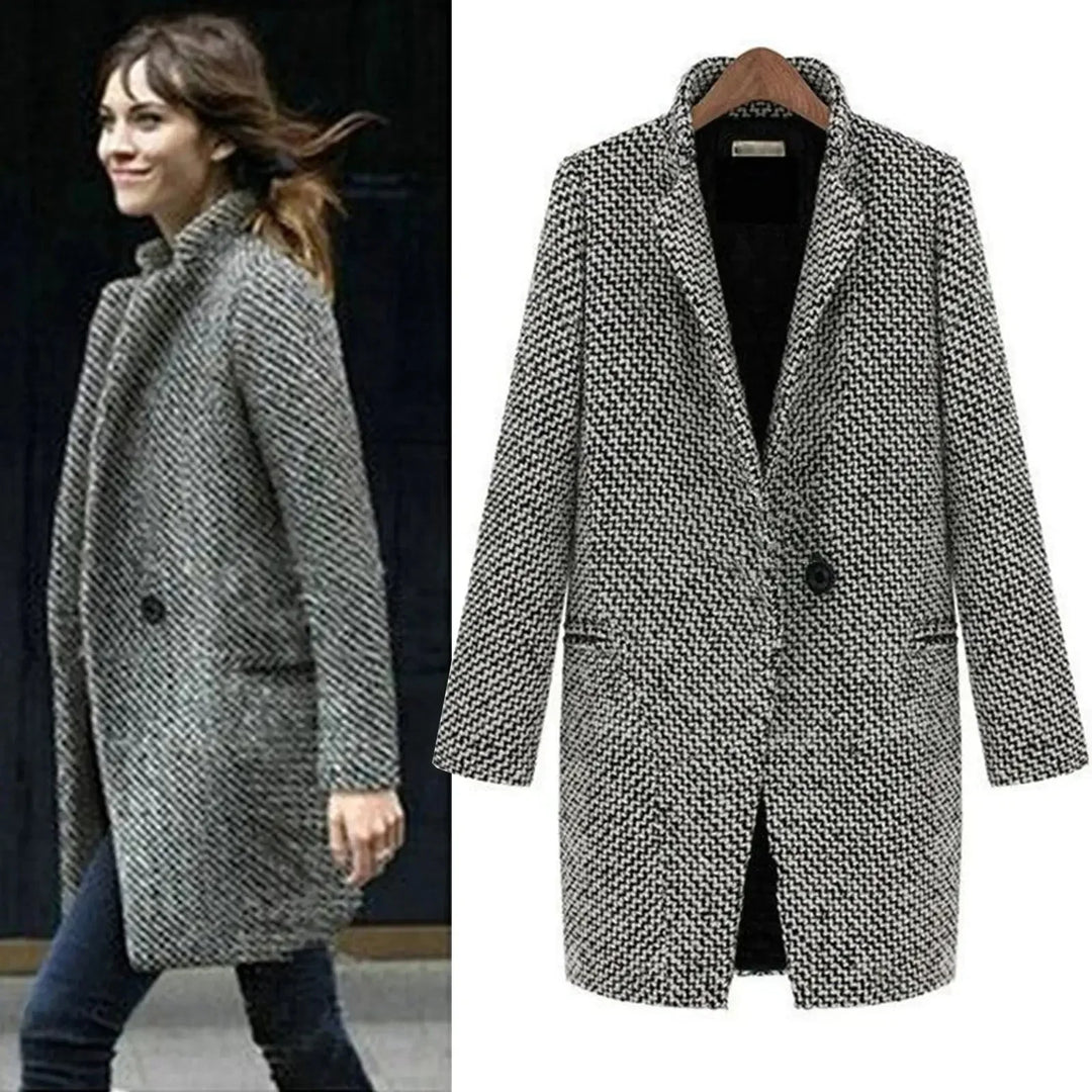Classic women's single-button houndstooth trench coat. Multicolor long winter coat, ideal for chic fall style.
