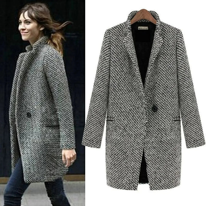 Classic women's single-button houndstooth trench coat. Multicolor long winter coat, ideal for chic fall style.