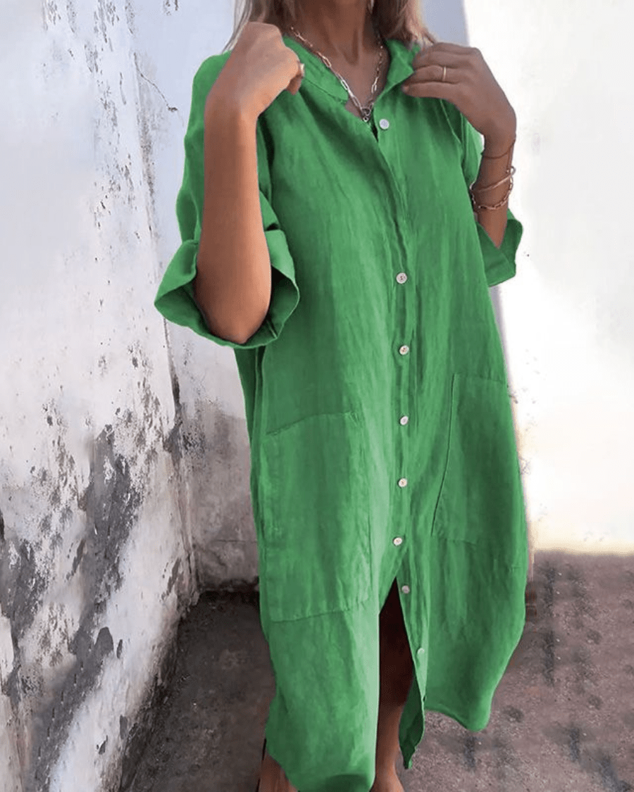 Women's bohemian shirt dress in Ibiza style; versatile, button-front, relaxed fit for effortless summer.