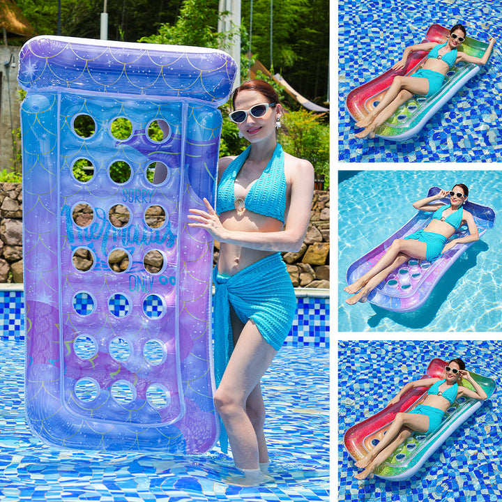 Women's inflatable pool lounge with built-in drink holders, perfect for summer water relaxation & adults.