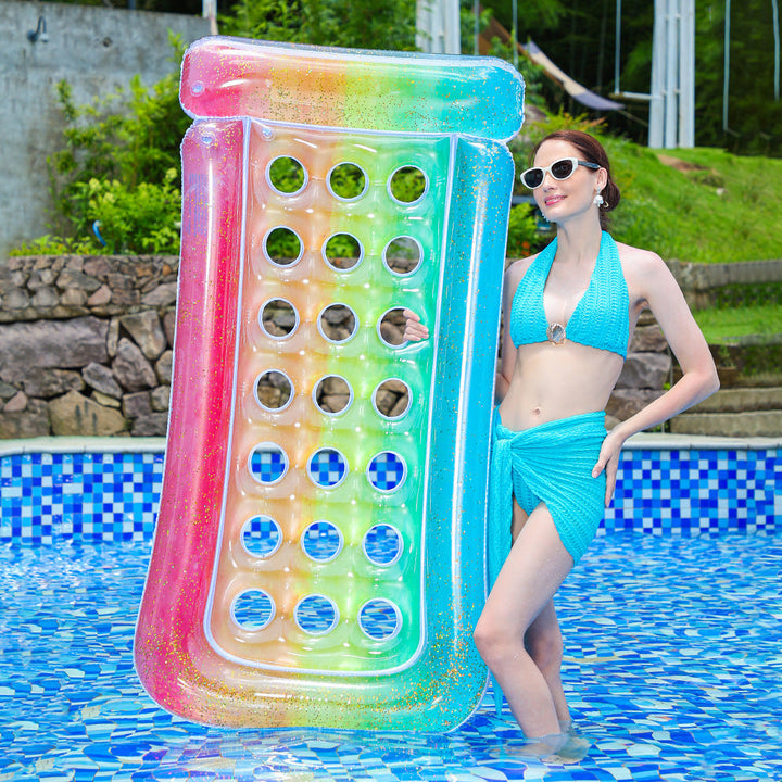 Portable inflatable women's swim mat float with cup holders, ideal for pools, beaches, or lake relaxation.