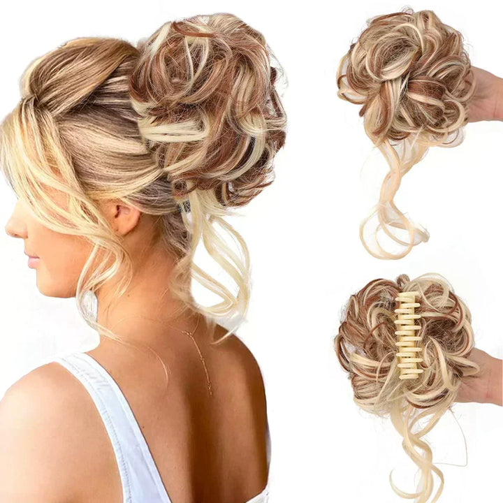 Elegant curly clip-in hair bun for women, synthetic hairpiece for quick, beautiful updos.