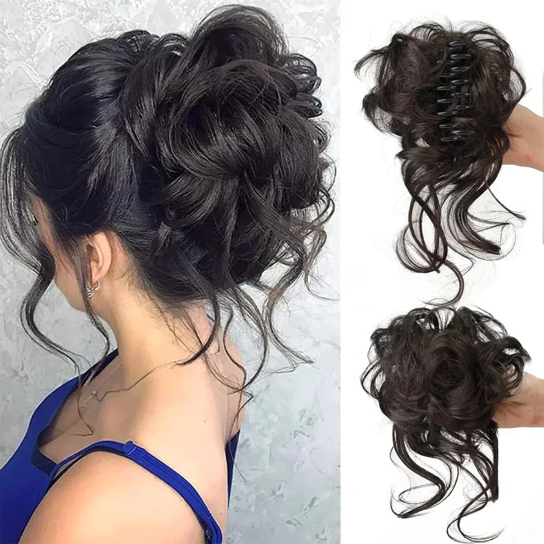 Quick style curly hair bun clip-in, synthetic hair accessory for women needing instant volume.