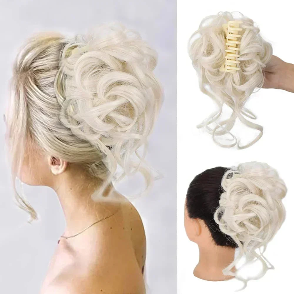 Auburn curly clip-in hair bun for women, synthetic hairpiece adding instant volume.