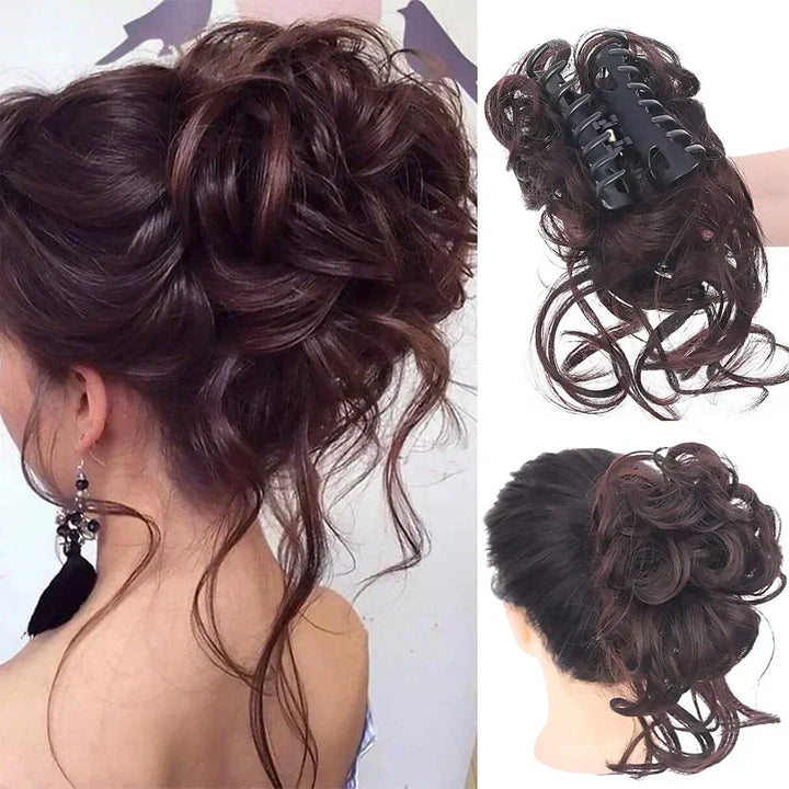 Women's curly clip-in hair bun, instant volume synthetic hairpiece for natural looks.