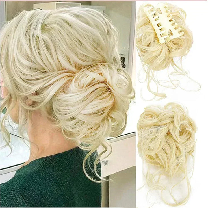 Soft curly clip-in hair bun for women, synthetic hairpiece offering instant volume & a chic updo.