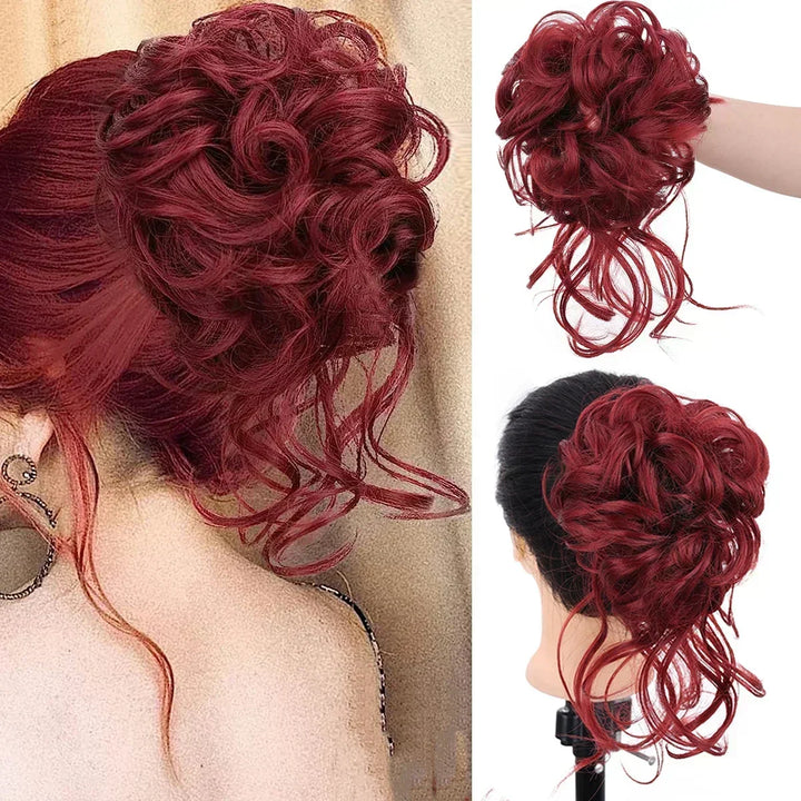 Multi-tonal curly clip-in hair bun, synthetic hairpiece for women's instant volume & quick elegant styles.
