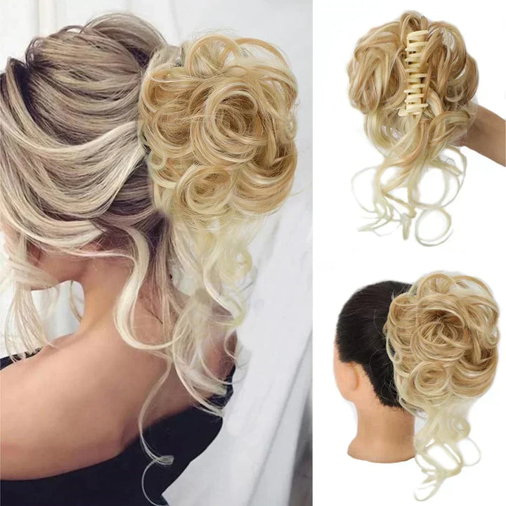 Black curly clip-in hair bun for women, adding instant volume & natural-looking texture.