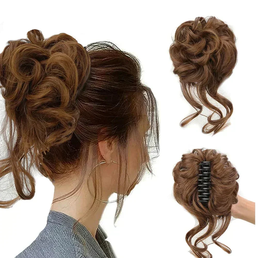 Elegant brown curly hair bun clip-in, perfect for women seeking instant volume & quick styling.