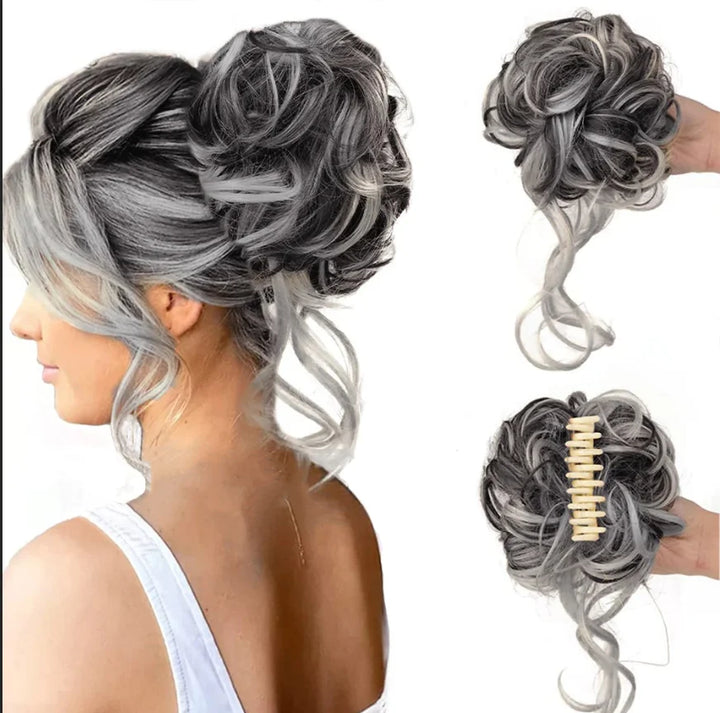 Natural-looking curly hair bun hairpiece, clip-in design for women's instant volume.