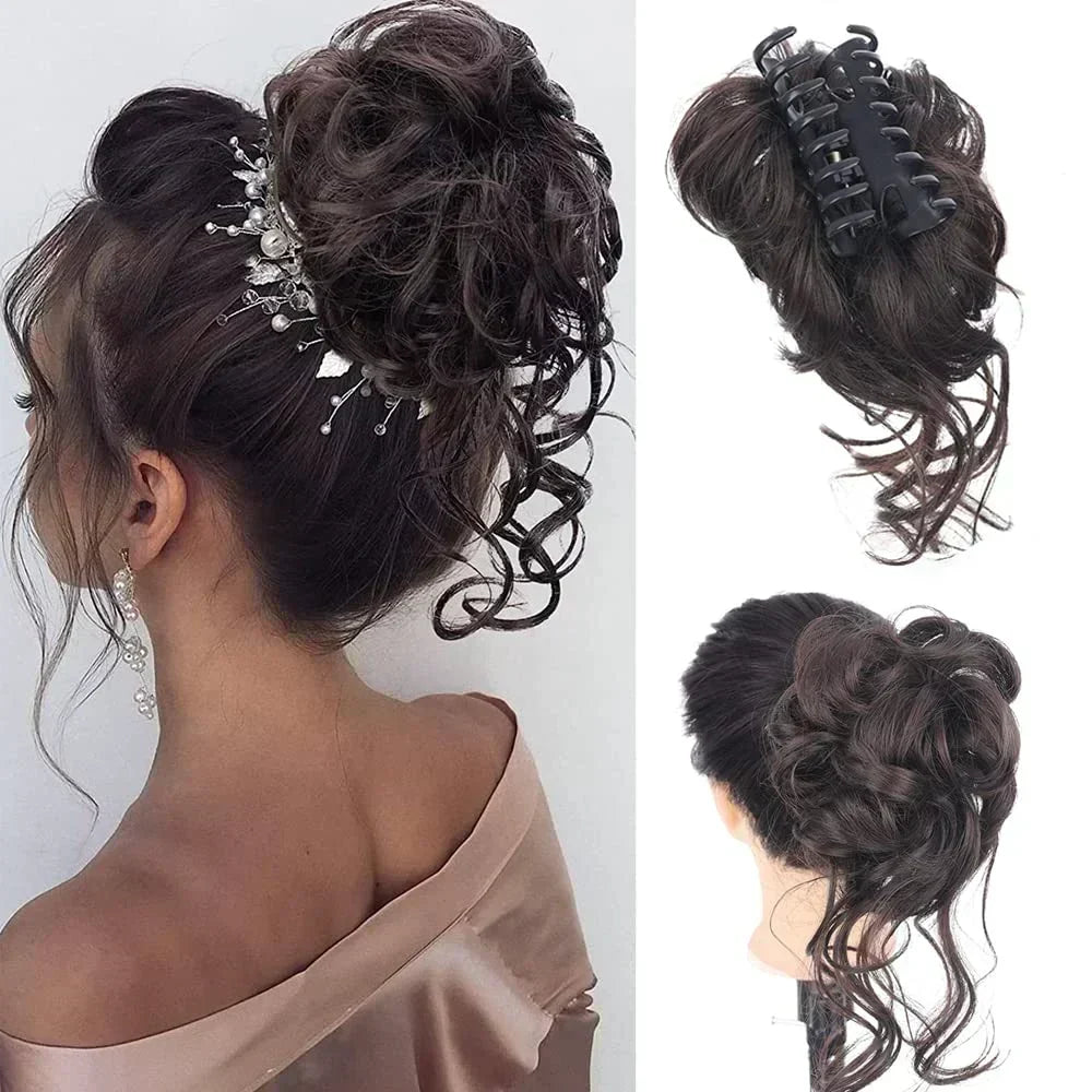 Women's volumizing curly clip-in hair bun hairpiece, synthetic for elegant, quick styles.