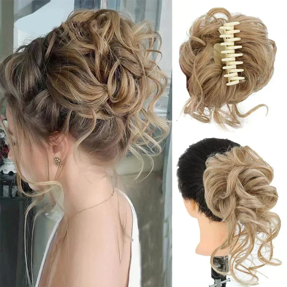 Dark brown curly clip-in hair bun for a quick, elegant & volumized look.
