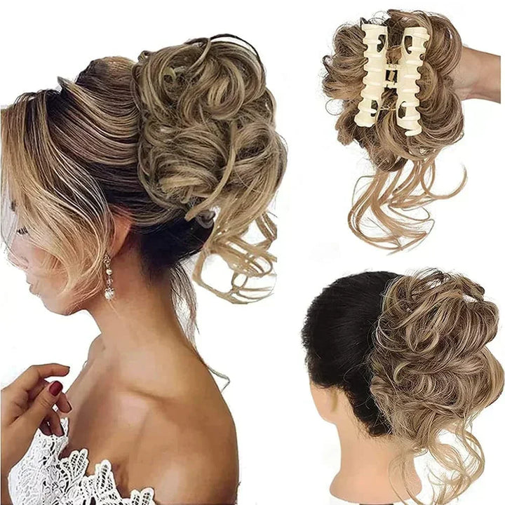 Easy-to-attach curly hair bun clip-in, women's synthetic hairpiece for instant volume.