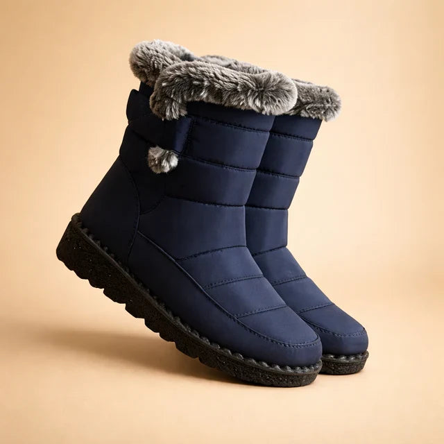 Women's insulated blue snow boots, warm and grippy, perfect for cold weather comfort.