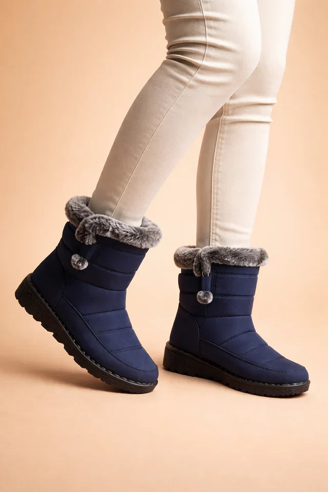 Blue & gray women's insulated winter boots, comfortable, warm, and non-slip for snowy paths.