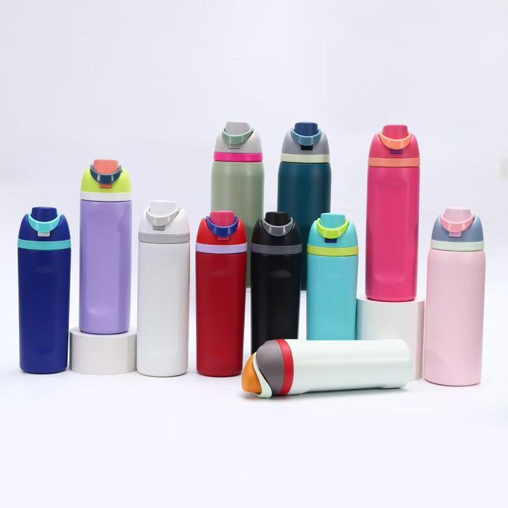 Women's insulated water bottle, double wall, for hot & cold drinks. Portable hydration for travel & office.