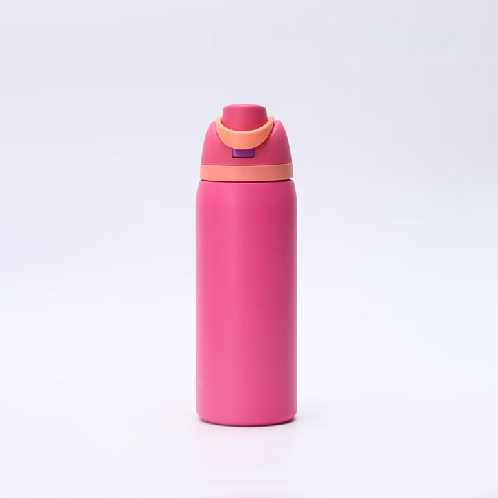 Slim design women's insulated water bottle with handle. Keeps drinks hot or cold for extended periods.