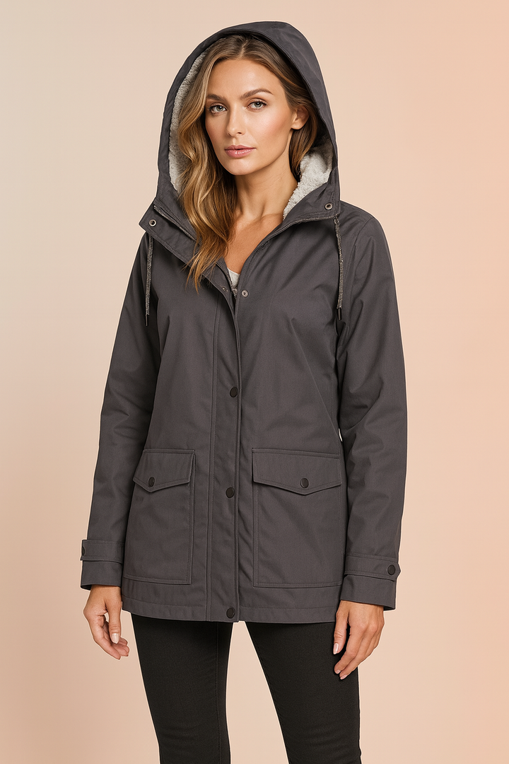 Fashion-forward women's parka with a functional hood for added protection.