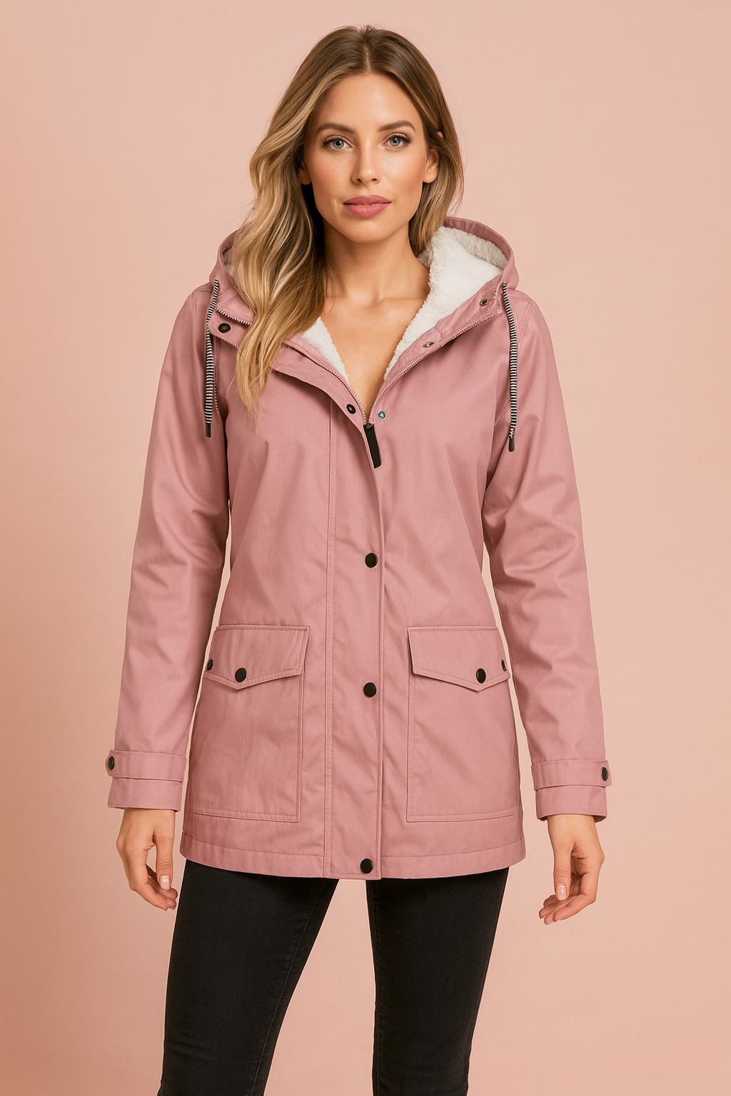 Fashionable women's parka jacket, providing excellent insulation in the cold.