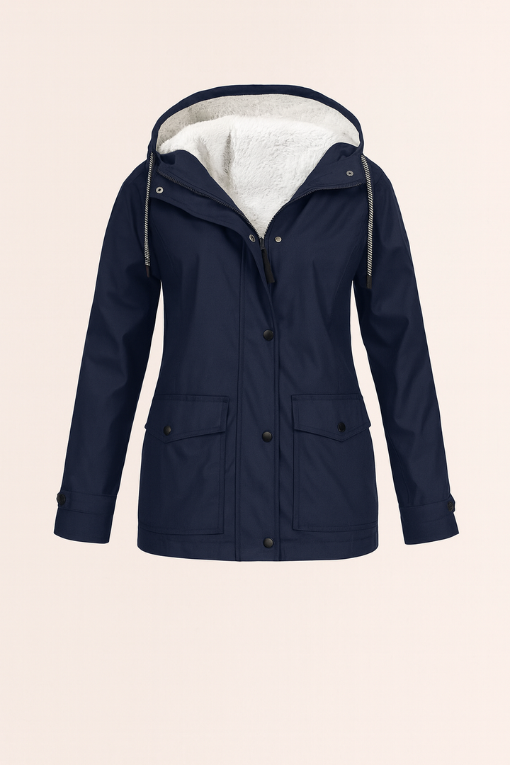 Warm and durable women's winter jacket, featuring a protective hood.