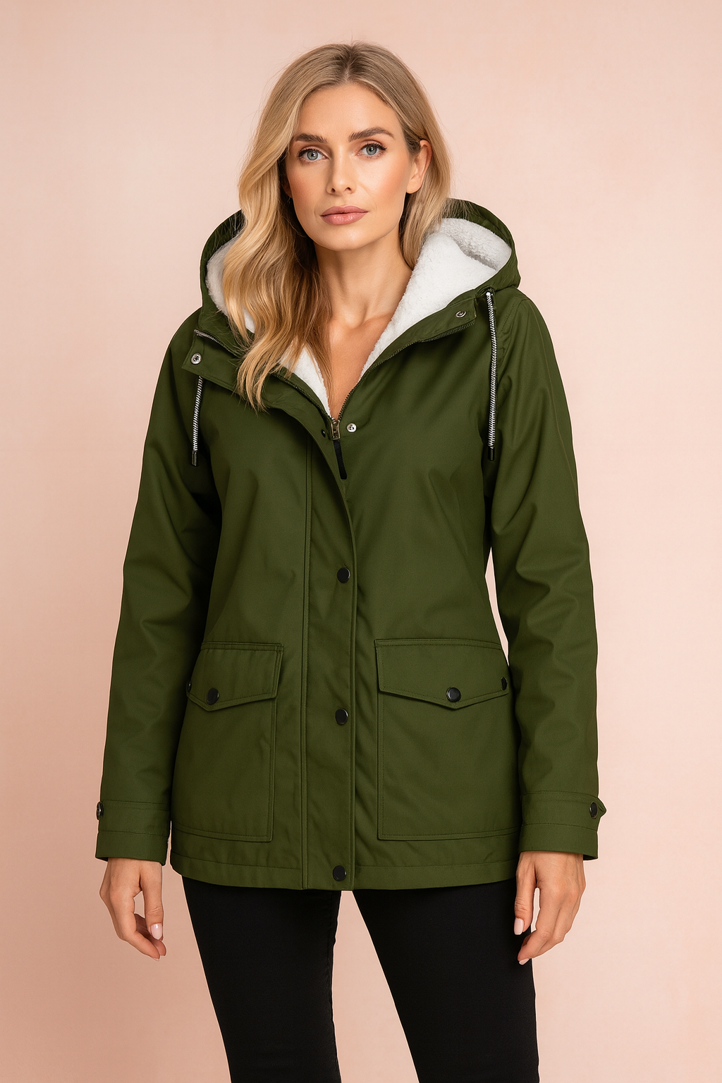 Heavy-duty women's winter coat with a warm, insulated design.