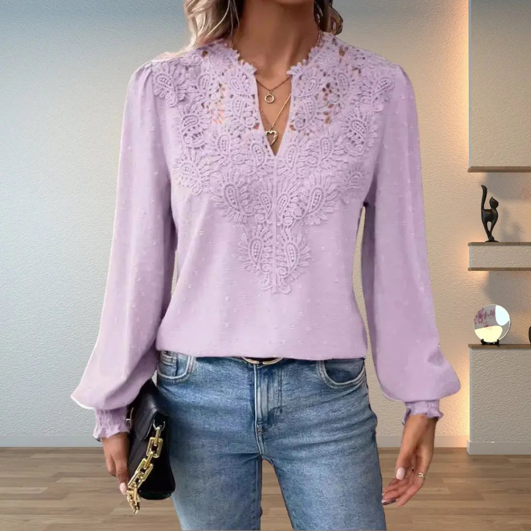 Vintage-inspired long sleeve V-neck blouse for women, showcasing an intricate pattern & lace details.