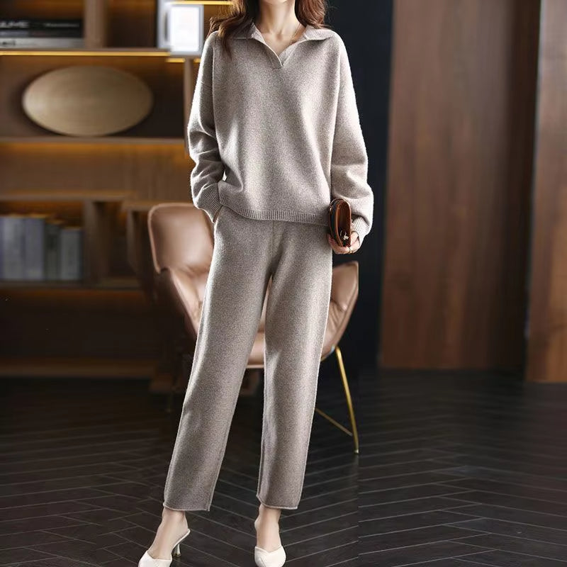 Full shot of a woman in a sandstone cashmere knitwear set, emphasizing breathable comfort.