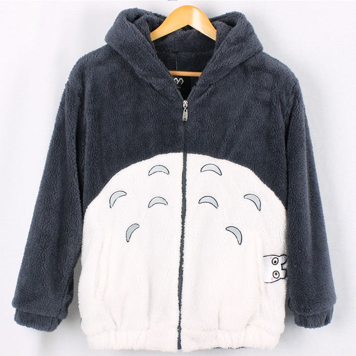 Women's oversized Totoro zip-up hoodie, featuring a cute anime character pattern. Perfect casual wear.
