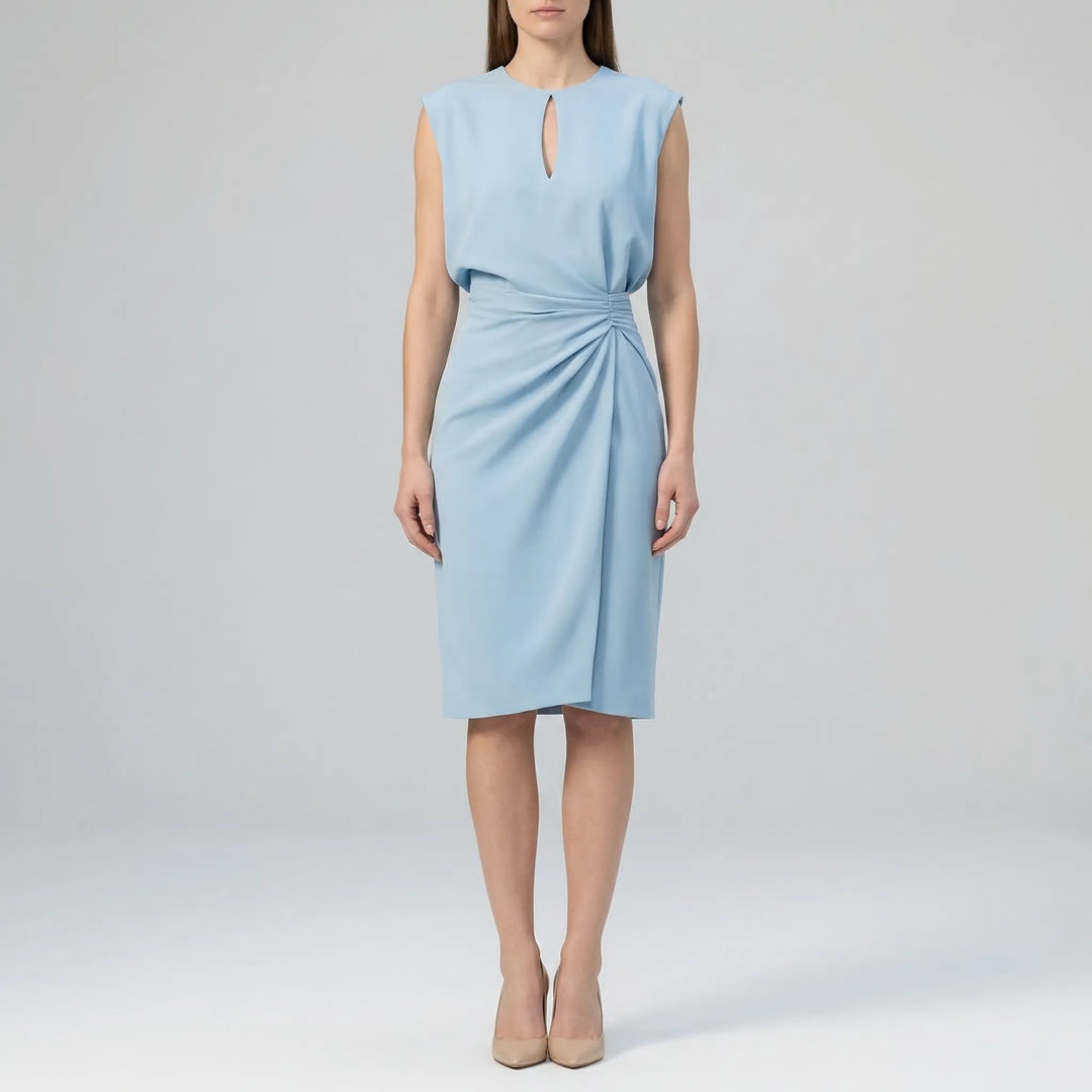 Stylish women's sleeveless midi dress featuring a chic keyhole neckline & flattering ruched waist. Versatile fashion.