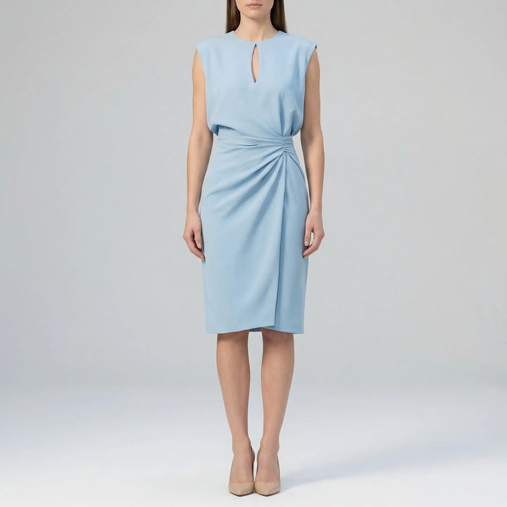 Stylish women's sleeveless midi dress featuring a chic keyhole neckline & flattering ruched waist. Versatile fashion.