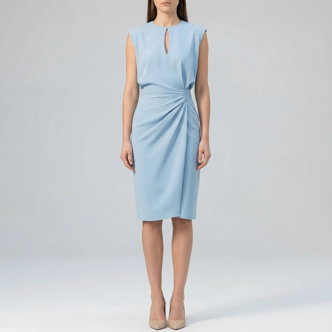 Elegant women's midi dress with a unique keyhole neck, ruched waist, and sleeveless cut. Great for any occasion.
