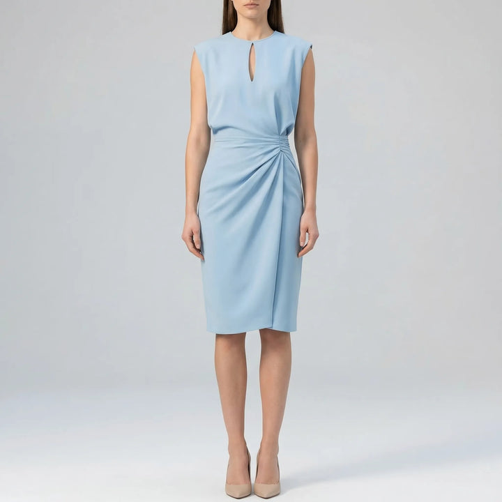 Elegant women's midi dress with a unique keyhole neck, ruched waist, and sleeveless cut. Great for any occasion.