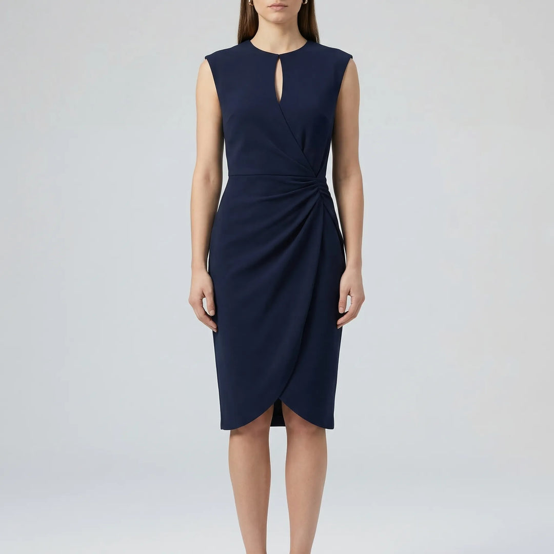 Versatile women's keyhole neck ruched midi dress. Sleeveless, comfortable, and perfect for office, day, or events.