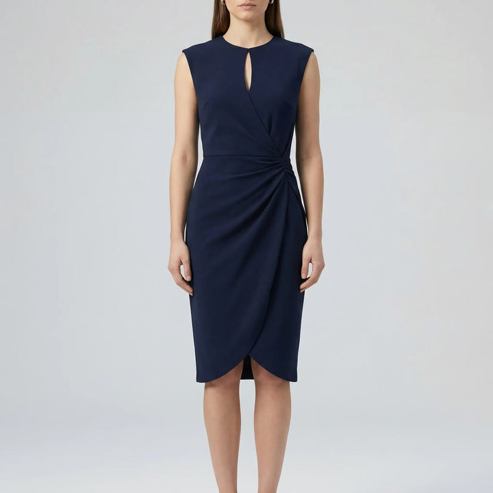 Versatile women's keyhole neck ruched midi dress. Sleeveless, comfortable, and perfect for office, day, or events.