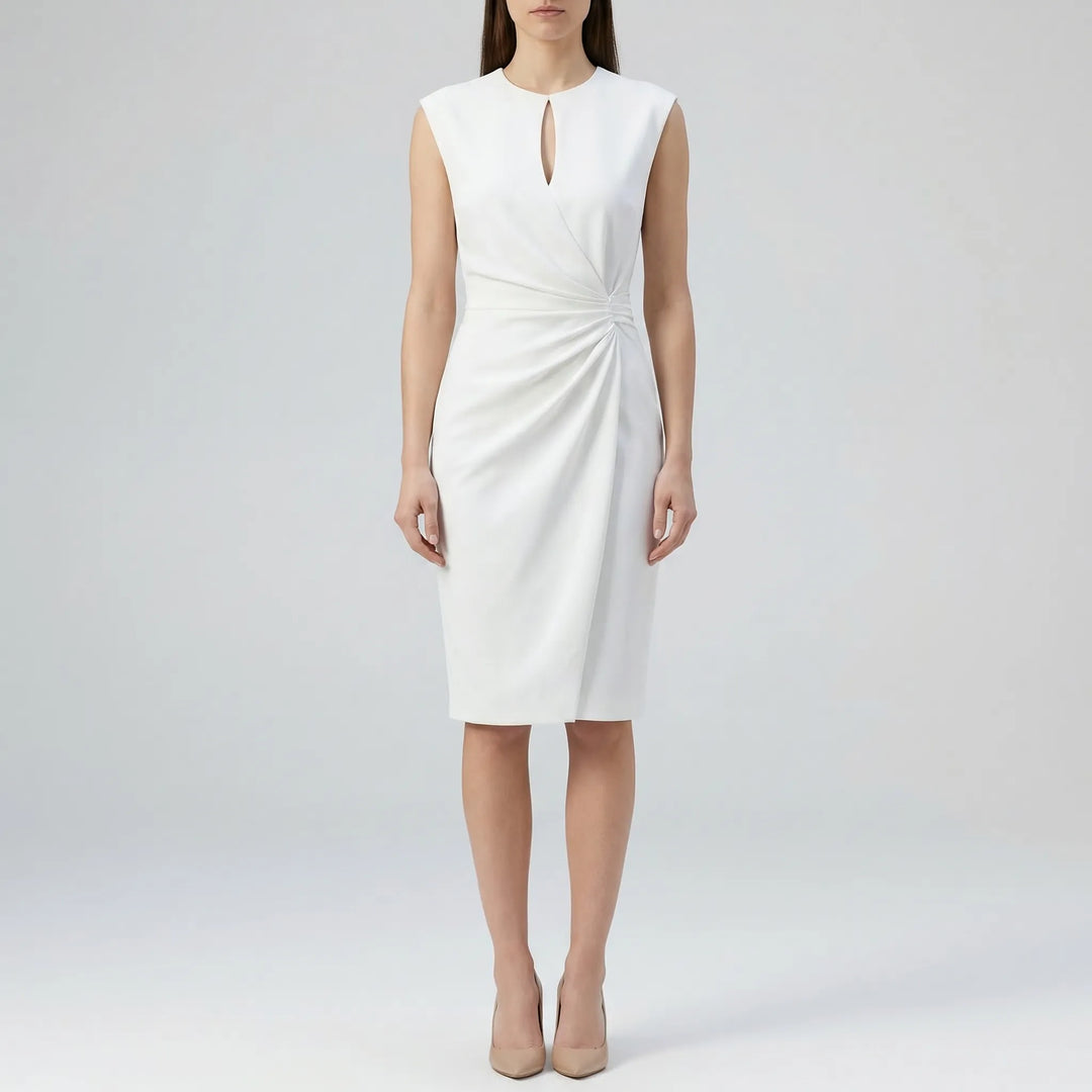 Chic women's sleeveless midi dress. Features a stylish keyhole neckline and ruched waist for a flattering fit.