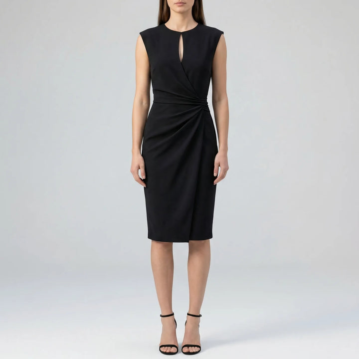 Fashionable women's keyhole neck ruched midi dress. A sleeveless design with a flowing skirt, perfect for day wear.